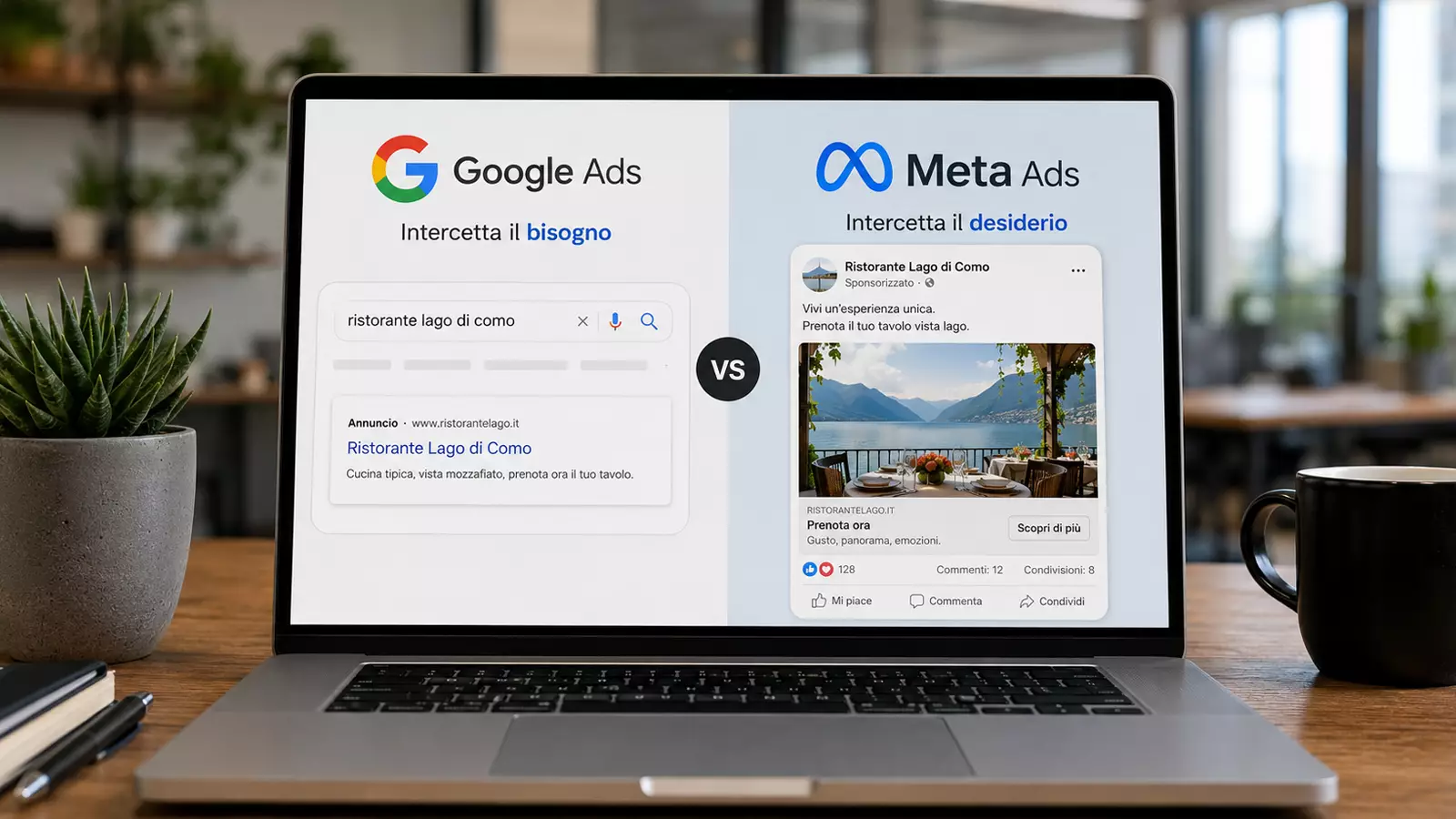 Computer con monitor diviso in 2 con esempio di campagna pubblicitaria Google ADS e campagna pubblicitaria Meta